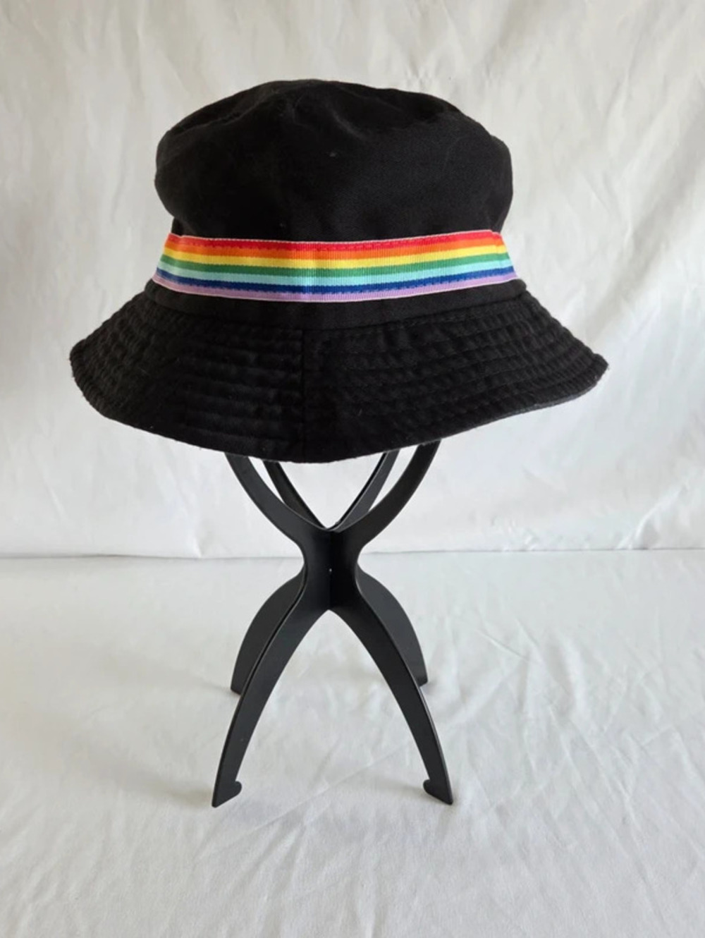 Black Bucket Hat with Rainbow Stripe Ribbon Accent